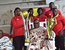 Nii Ayi Bonte II, Gbese Mantse, displaying the two trophies during yesterday's visit