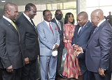 • President Akufo-Addo introducing some government officials to President Filipe Jacinto Nyusi of Mozambique (2nd from right) at the Jubilee House. Picture: SAMUEL TEI ADANO