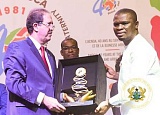Youth & Sports Minister, Mustapha Ussif (right) being honoured at the 40th-anniversary dinner of the Association of National Olympic Committees of Africa (ANOCA) at the Transcorp Hilton in Abuja, Nigeria in September 2021
