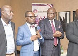 Ernest De-Graft Egyir (2nd from left) Chief Executives Network Ghana, speaking at the launch. With him are Dan Owusu (2nd from right) Country Managing Partner of Deloitte Ghana, Charles Poku-Mensah (right), Head of Communications, GIPC and Frank Oye (left), Executive Director of the Margins Group