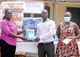 Kwasi Odame Ofori (3rd from right), Secretary of Founder's Chapter, Full Gospel Business Men's Fellowship International, presenting the items to Francisca Ntow (2nd from left), Public Relations Officer, Accra Psychiatric Hospital. Also in the photograph is Abiola Aheto Tsegah (right), President of the Founder's Chapter. Picture: Maxwell Ocloo