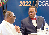 Dr Akinwumi A. Adesina (right), President of the AfDB, interacting with Ken Ofori-Atta, Minister of Finance, during the AfDB meeting in Accra yesterday