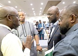 Kofi Bentil (left), Senior Vice-President of IMANI Africa, in a discussion with Kwame Jantuah (right), a member of the CSO’s platform on Oil and Gas; Benjamin Boakye (2nd from right), Executive Director of the Africa Centre for Energy Policy, Ghana, and Franklin Cudjoe (2nd from left), President of IMANI Africa. Picture: GABRIEL AHIABOR