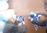Ellen Moran (left) and  William Owuraku Aidoo, Deputy Minister of Energy, cutting a tape at the inauguration of the Ellen Morgan primary substation at Kanda