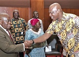President Akufo-Addo in a handshake with Ato Afful (right), Managing Director, Graphic Communications Group Limited, after the ceremony. Picture: SAMUEL TEI ADANO