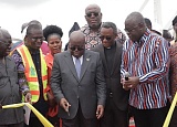 President Akufo-Addo cutting the tape to commission the dredging equipment near Ashaiman in Accra. Those with him are Yaw Osafo-Maafo (2nd from left), Senior Advisor to the President; Joseph Siaw Agyapong (3rd from left), Executive Chairman, Jospong Group of Companies; Francis Asenso-Boakye (right), Minister of Works and Housing, and Kwaku Asiamah (2nd from right), Minister of Transport. Picture: SAMUEL TEI ADANO