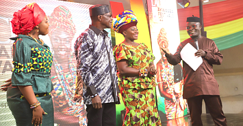 Gabriel Ashun (right), Technical Advisor to the Ghana Tourism Development Project, introducing Dr Joyce Akumaa Dongotey-Padi, aka Akumaa Mama Zimbi (2nd from right), a television and radio talk show host, Gyedu Blay Ambulley (2nd from left), a Ghanaian highlife musician, and Patricia Adepa Bani (left), Chief Executive Officer of the World Multimedia, as Akwaaba  Ambassadors after the launch in Accra. Picture: GABRIEL AHIABOR