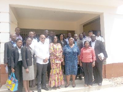  The MCE, Ms Rita Odoley Sowah (middle front  row), in a group picture with staff of the assembly, executives and members  of the AAG, including its president, Mrs Norkor Duah (3rd left), and Mr Francis  Dadzie, the Executive Director.