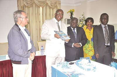  Mr Nayon Bilijo (2nd left), Minister of Fisheries & Aquaculture, displaying the Ghana National Aquaculture Development Plan Book, while Mr Ben Acheapong (3rd left),  Mrs Rebecca Aboagye (2nd right), Mr Samuel Quaatey (right) and Mr Fernando Salinas look on. Picture: NII MARTEY BOTCHWAY