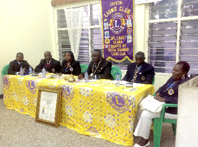 Lion Kate Baaba Hudson (third left), Chairperson, Region 34 of LCI, addressing members of the Cape Coast Crystal Lions Club shortly before the handover ceremony. Others in the picture include Lion Kwadwo Kissiedu Kwapong (second left), Chairman, Zone 341, Lion Gladys Mansa Feddy Akyea (extreme right), immediate past chairperson, Region 34, and Lion Kodua Edjekumhene (second right), Chairman, Zone 342.