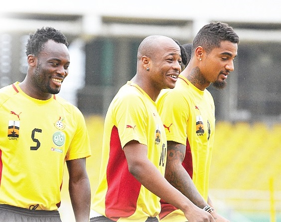 Micahel essien (third left), Andre Ayew, Kevin-Prince Boateng