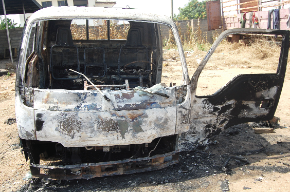 One of the burnt vehicles at the Kasoa Millennium City in the Central Region. Picture: Emmanuel Asamoah Addai  