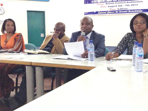 Mr Samuel Darko, Chief Director, Ministry of Roads and Highways (2nd right) answering questions from the media