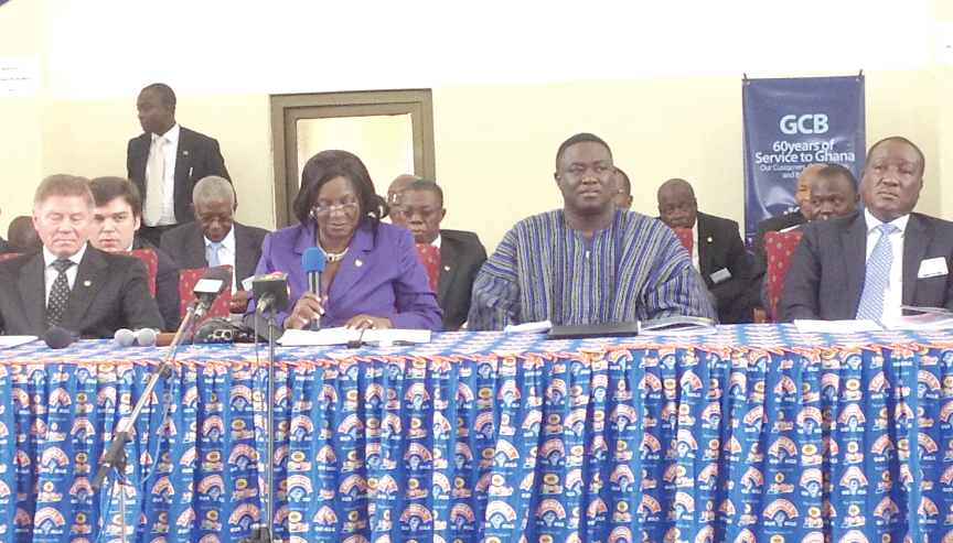The Chief Justice, Mrs Georgina T. Wood (holding microphone), flanked to the right by the Volta Regional Minister, Mr Joseph Nii Laryea Afotey Agbo, and the National President of the Ghana Bar Association, Nene A. Amegatcher, and to the left by the Chief Justice of Russia, His Excellency Vyacheslav M. Lebedev.Picture: Victor Kwawukum