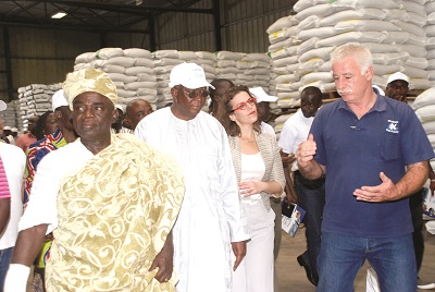  Mr Raanan Berzak (right), CEO of Raanan Fish Feed, explaining a point to Mr Nayon Bilijo (in cap), Minister of Fisheries and Aquaculture Development, during a tour of the facility. With them are Ms Sharon Bar-Li, Ambassador of Israel, and Nene Tetteh Djan III (left), Paramount Chief of Prampram.