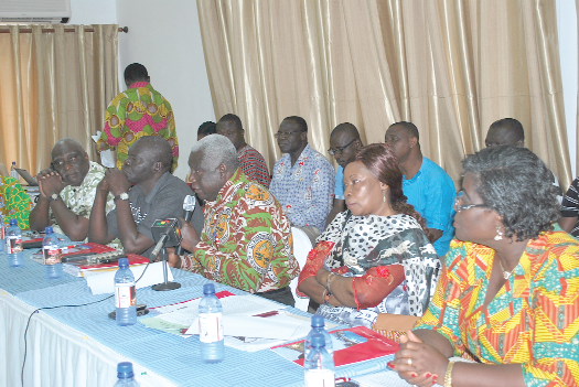 President of GNAT,Mr Samuel Doe Alobuia (3rd right), flanked by some executive members of the association,  addressing the press conference in Accra yesterday