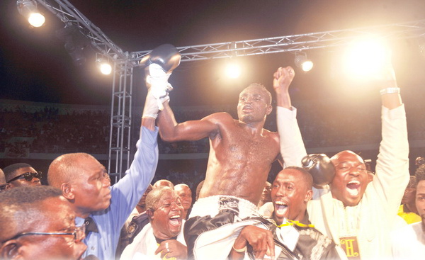 Flashback: Game Boy carried shoulder high as he celebrates one of his recent victories in the ring.