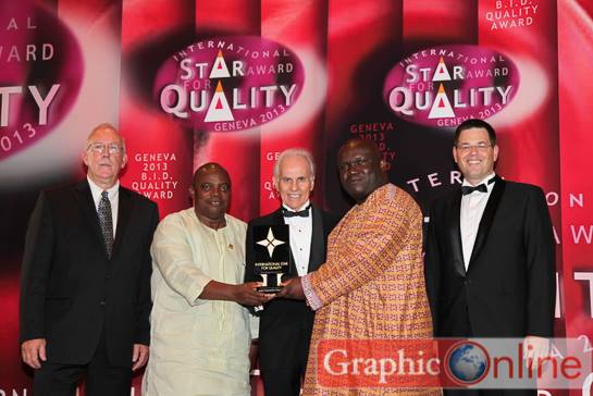 Picture shows from left to the right: Mr Norman Ingle, President of Quality Mix; Mr Ransford Tetteh, Editor of the Daily Graphic; Mr Jose Prieto, President and Chief Executive Officer of BID; Mr Kenneth Ashigbey, Managing Director of the GCGL and Mr Craig Miller, President of QC 100.