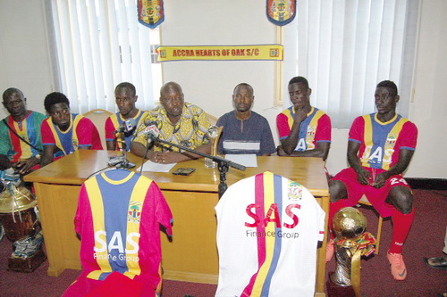 Hearts managing director, Nei Armstrong-Mortagbe (middle) flanked by some of the club’s players addressing the press confrence