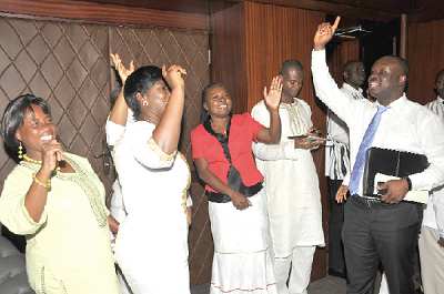 Some ministers of state and officials at the presidency jubilating after the verdict. Pictures EBOW HANSON