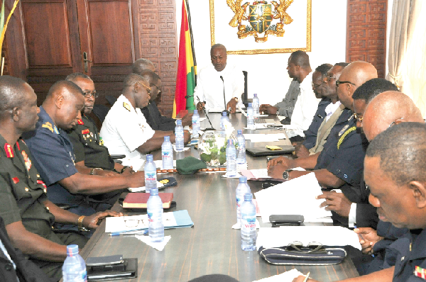 President Mahama in a meeting with the security chiefs at the Flagstaff House in Accra. Picture: EBOW HANSON