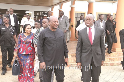 • Vice-President  Kwesi Amissah-Arthur seeing off President Mahama at the KIA. With them are Mrs Lordina Mahama, First Lady and Mr Mark Woyongo (partly covered), Minister of Defence. Picture: EBOW HANSON