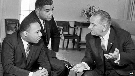 President Lyndon Johnson, right, with Martin Luther King, left, and Whitney Young, who were both targeted by the NSA