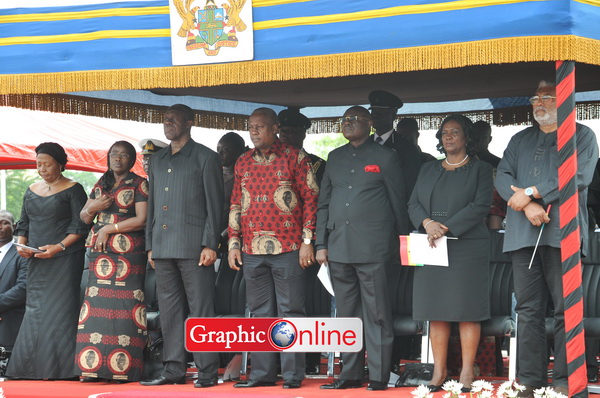 The widow, Mrs Naadu Mills; Mrs Matilda Amissah-Arthur and husband Vice President Paa Kwesi Bekoe Amissah-Arthur; President John Mahama; Hon. Doe Adjaho, Speaker of Parliament; Chief Justice Georgina Wood and former President Jerry John Rawlings at the wreath-laying ceremony to honour the memory of the late President J.E.A. Mills.  [Photos by Ebow Hanson]