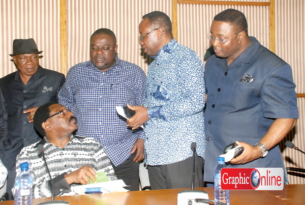 •  Mr Kofi Totobi Quakye (2nd right), Chairman, Atta Mills Funeral Committee, interacting with some members of the committee, after a press conference in Accra. They are Mr Elvis Afriyie Ankrah (right), the Minister of Youth and Sports, Mr Koku Anyidoho, Commodore Steve Obimpeh (left) and Mr Kofi Nyantakyi (seated), Spokesperson of the committee. Picture: EMMANUEL BAAH