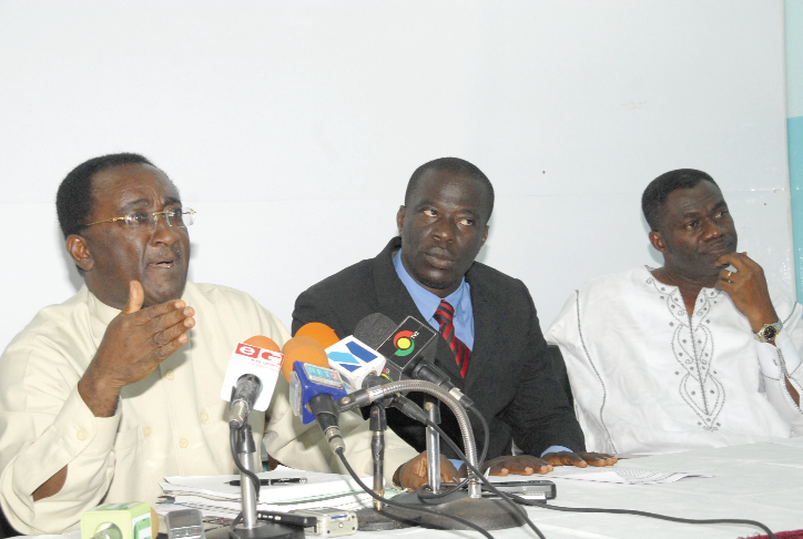 Dr. Afriyie Akoto (left) addressing the press conference in Accra. With him are Mr William Agyepong Quaitoo (right),  MP Akim Oda, and Mr I. Baffour-Awuah, MP, Sunyani West. Picture: Samuel Adjei-Boateng.