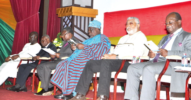 (From left) Mr Frank Agyekum, a representative of former President Kufuor, Mr J. H. Mensah, a former Minister of State, Most Rev. Prof. Asante, Naa Prof Nabila, President of the National House of Chiefs,  former President Rawlings and Maj. Gen. Carl Coleman.  Pictures: Gabriel Ahiabor