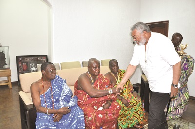 Former President Jerry John Rawlings (right) welcoming the Agotime chiefs to his residence. Picture: YAA SERWAA MANU 