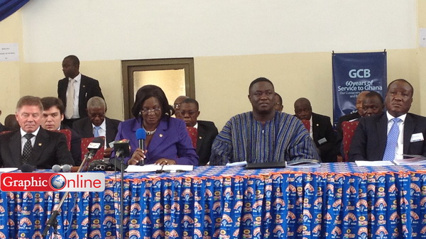 The Chief Justice, Mrs. Georgina T. Wood (holding microphone), flanked to the right by the Volta Regional Minister, Mr. Joseph Nii Laryea Afotey Agbo and the National President of the Ghana Bar Association, Nene A. Amegatcher. To her immediate left is the Chief Justice of Russia, His Excellency Vyacheslav M. Lebedev.