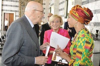 Samia Nkurmah interacting with Mr Giorgio Napolitano, President of the Republic of Italy, and Hon. Emma Bonino, Italian Minister of Foreign Affairs.