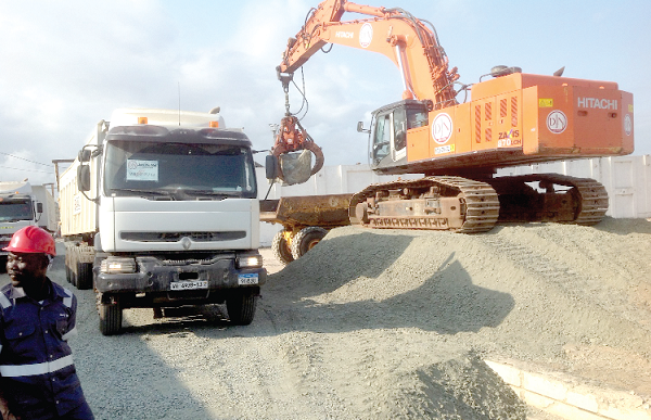 Some of the boulders being unloaded at the Takoradi port. Picture: MOSES DOTSEY AKLORBORTU