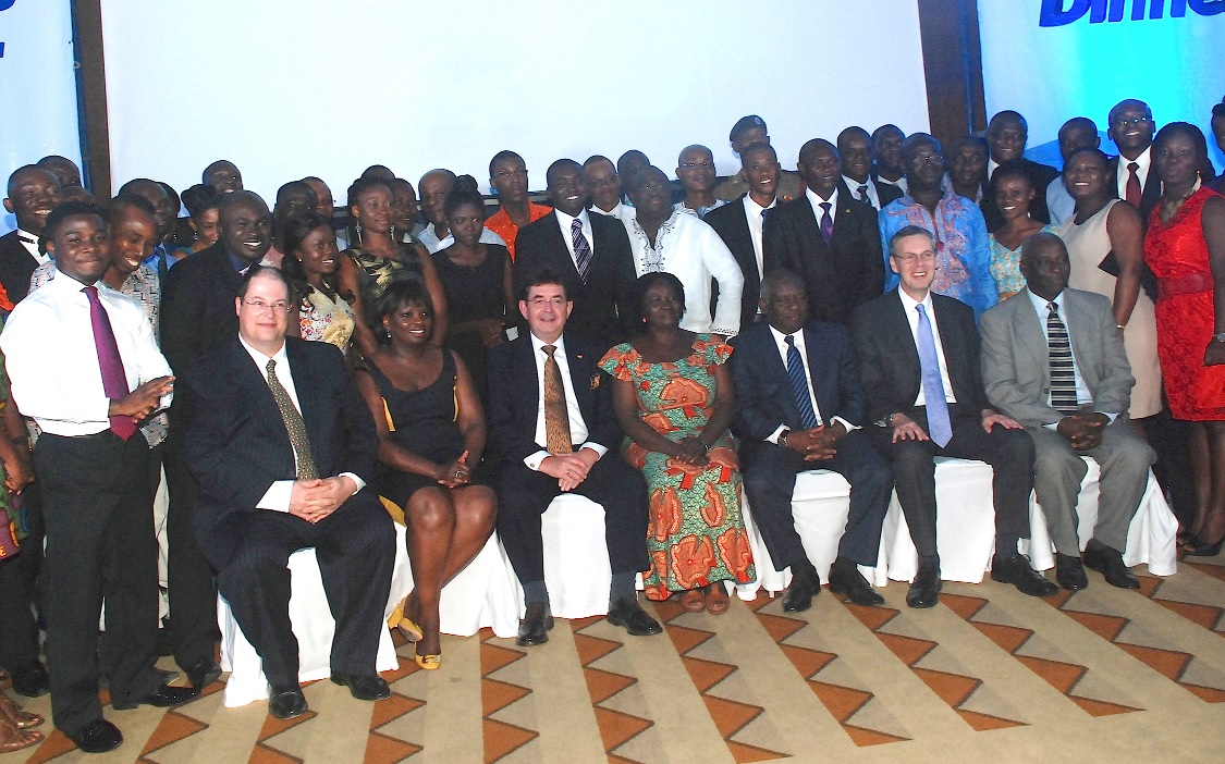 Prof. Naana Jane Opoku-Agyemang, (seated middle), the Minister of Education, and other dignitaries with the beneficiaries after a dinner in Accra. With them include Mr Dai Jones (seated 3rd left), MD,Tullow Ghana Ltd, and Mr Peter Jones (seated 2nd right), the British High Commissioner. 