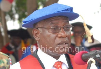• Prof. Akwasi Asabere-Ameyaw (inset) addresssing the students at the matriculation ceremony