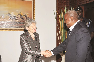 President Mahama welcoming Ms Irina Bokova, Director General of UNESCO, to his office at the Flagstaff House in Accra. Picture: EBOW HANSON