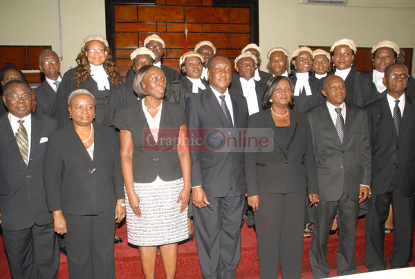 The new judges in a pose with members of the bench including the Chief Justice, Attorney General Mariatta Brew Oppong and Ambassador Victor Gbeho