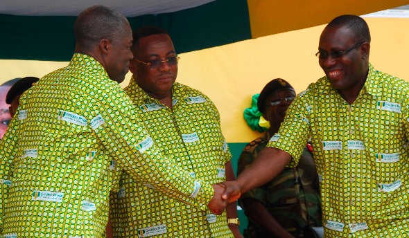 • Vice-President Kwesi Amissah Arthur (left) exchanging pleasantries with Dr Yaw Baah and Mr Prince William Ankrah, Board Chairman of the company (middle).  INSET: The head office building of Golden Pride at Obuasi.  