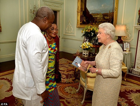 President John Dramani presented the Queen a copy of his book 'My first coup d'etat' during the visit 