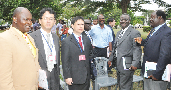 Professor Kwabena Bosompem (right) interacting with Dr Samuel Kaba (extreme left), Professor John Owusu Gyapong (2nd right) and other participants from the Japanese Embassy at a workshop on medicinal plant in Accra. Picture: GABRIEL AHIABOR