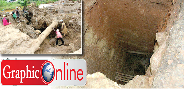 The entry point of the tunnel. INSET: Some illegal miners  working at Anwiam.