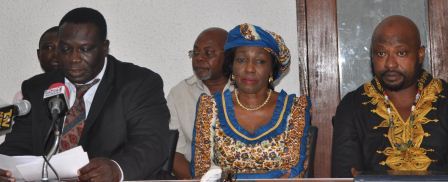 Dr. Josiah Aryeh, (extreme left), Chairman of the NDP addressing the news conference at the International Press Centre in Accra. Those with him are former First Lady, Nana Konadu Agyeman Rawlings (2nd left) and Mr George Bernard Shaw, Legal Adviser of the party.