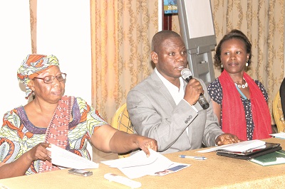 Mr Patrick K. Aboagye (middle), Deputy Director, Family Health Division, Ghana Health Service (GHS), making a statement during the stakeholders meeting in Accra. Those listening are Mrs Susan Namondo Ngongi (right), Country Representative, UNICEF Ghana and Mrs Salimata Abdul-Salem (left), Director-General, Ghana Health Service (GHS). Picture: EDNA SARKODIE