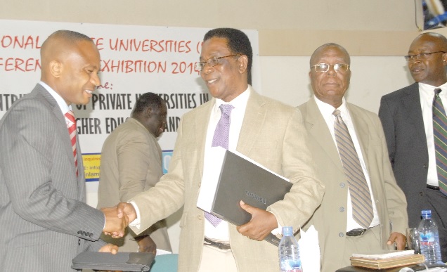 Prof. Kwesi Yankah (3rd right), exchanging pleasantries with Nii Armah Addy, Chief Operating Officer, Institute of Leadership and Management in Education.