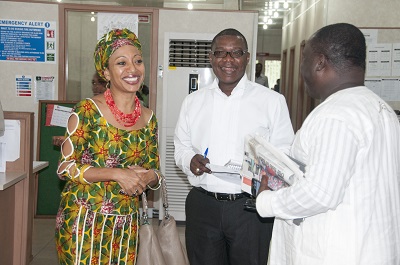 Ms Samia Nkrumah interacting with Mr Kenneth Ashigbey MD GCGL (right) and Kobby Asmah, Political Editor of Daily Graphic (middle).