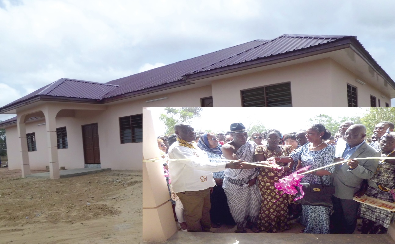 • Front view of the community centre complex. INSET: Mrs Amissah-Arthur, with the assistance of Mr Ganyaglo and other dignitaries, cutting the ribbon to inaugurate the building.
