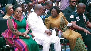  John Mahama (middle) in a chat with Prof. Naana Jane Opoku-Agyemang (right) at a ceremony to introduce her as the NDC running mate. With them is Lordina Mahama. Picture: ELVIS NII NOI DOWUONA