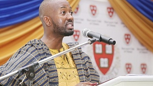 Dr Sangu Delle, President, Harvard Club of Ghana, addressing guests at a conversation on free speech in Accra.  Picture: SAMUEL TEI ADANO